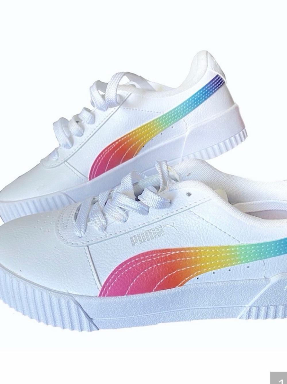 PUMA Kids' White Sneakers with Rainbow Side Stripe size 4.5 New in box!